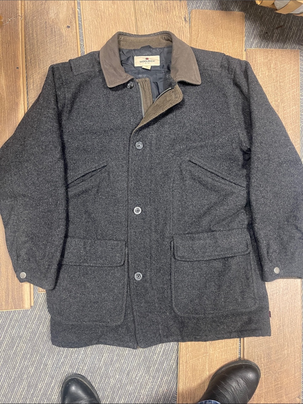 Woolrich Charcoal Wool Pea Coat with Brown Corduroy Collar